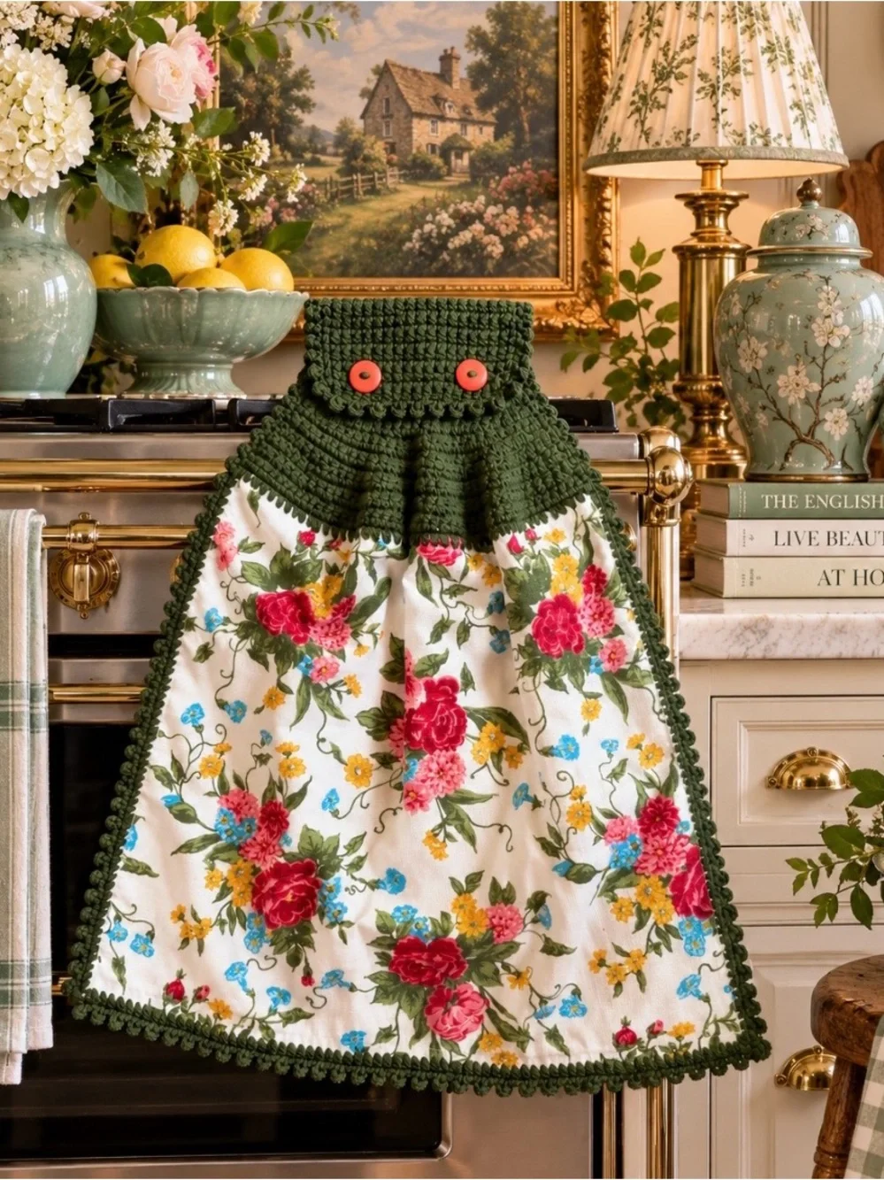Pioneer Woman Floral Crochet Hanging Kitchen Towel Moss Green Handmade